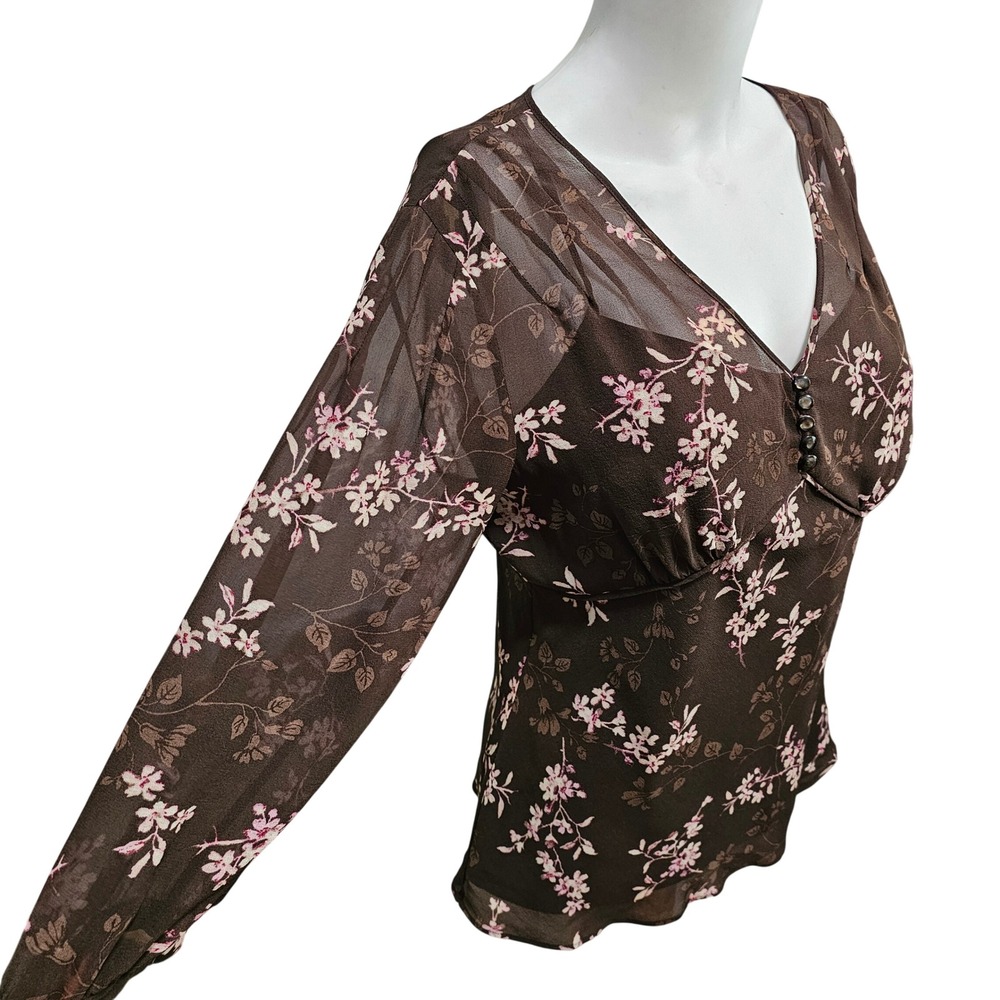 Vintage Silk Brown Floral Sheer Top Size 6 Babydoll Romantic Blouse Forest Fairy
